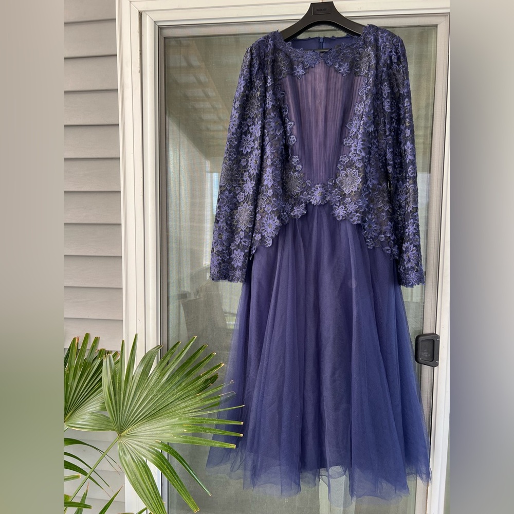 Tadashi Shoji Navy Long Sleeve Lace Gown - Picture 5 of 14